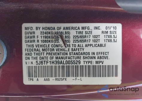 2010 Honda Accord Crosstour Ex from USA, damaged, VIN 5J6TF1H39AL005529